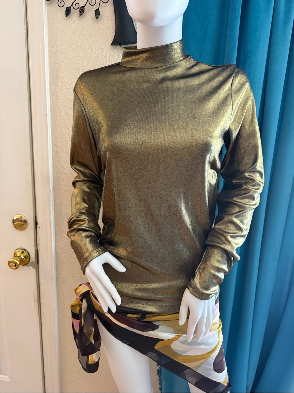 Forever 21 Metallic Gold High Neck Long Sleeve Top